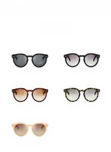 Detailed catalog of oval vintage sunglasses in five colors with metal stud accents