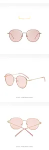 Multiple views of oversized round gold frames with pink lenses sunglasses on white background