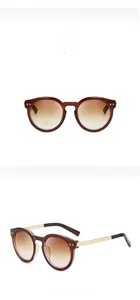 Detailed view of brown oval sunglasses featuring UV400 protection and gold metal temples
