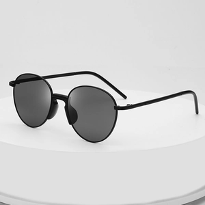 Classic black oval metal frame sunglasses with dark grey UV lenses for women and men