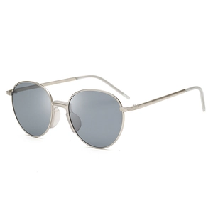Classic oval metal sunglasses with silver frames and light gray lenses for men and women