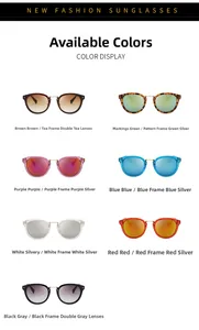 Matrix display of fashion sunglasses in seven assorted jelly colors with metallic temples