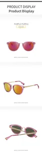 Multiple views of trendy sunglasses featuring purple resin frames and gold metal temples