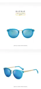 Close-up of blue transparent frame sunglasses with mirrored lenses and gold metal temples