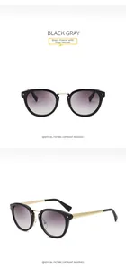 Detail view of black frame sunglasses with gold temples and grey gradient lenses