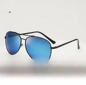 Detail view of sport aviator metal sunglasses with blue mirrored lenses and black frame