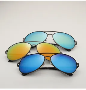 Detailed close-up of three metal aviator sunglasses with vibrant rainbow mirror lenses