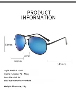 Detailed size specifications and dimensions for these sports aviator sunglasses with blue lenses