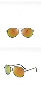 Detail view of gunmetal aviator sunglasses featuring reflective red polarized lenses