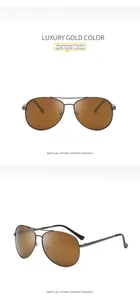Front and side view of aviator sunglasses with gunmetal frame and luxury gold lenses