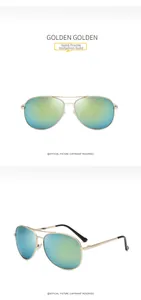 Detail of aviator sport sunglasses featuring gold metal frames and blue-green gradient lenses