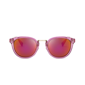 Pink translucent round sunglasses with orange mirror lenses and gold metal bridge