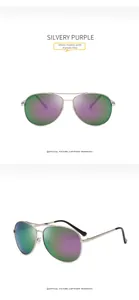 Detail view of silver aviator sunglasses with gradient purple lenses and double bridge design