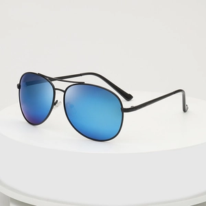 Classic metal aviator sunglasses with blue mirrored lenses and double bridge design
