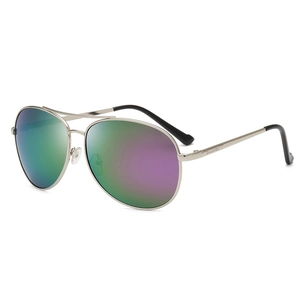 Classic aviator sports sunglasses with silver metal frame and green-purple gradient lenses