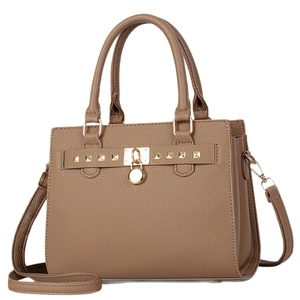 Elegante borsa tote kaki con trama litchi, lucchetto dorato e tracolla regolabile