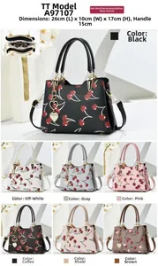Detailed multi-color view of cherry pattern handbags with dimensions 26x10x17cm