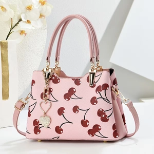 Women Handbag PU Leather Cherry Print Crossbody Shoulder Bag With Heart Charm Elegant Fashionable Versatile Satchel Bag