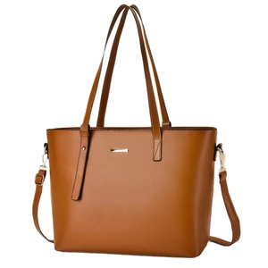 Classic caramel synthetic leather tote bag with dual handles and gold-tone hardware