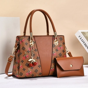 Large capacity brown tote bag with cherry print and matching wallet set for women