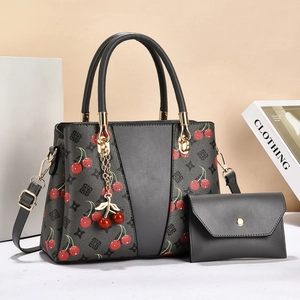 Winter floral large tote bag with red cherry print and matching clutch set in dark grey