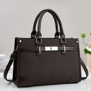 Women Herringbone Pattern PU Leather Patchwork Handbag Vintage Commuting Top Handle Bag With Detachable Strap Office Daily Bag