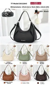 Detailed size chart of the DX32845 hobo bag showing 25x9x22cm dimensions in seven colors