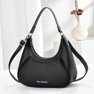 Minimalist black woven crescent hobo bag with adjustable silver strap buckle hardware
