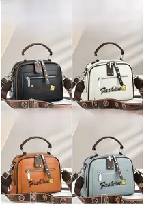 Four color variants of fashion handbags featuring logo embroidery and printed wide straps