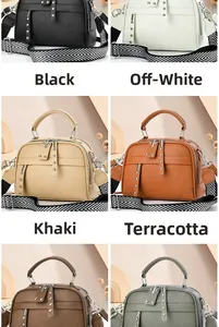 Detail of multi-color soft PU leather crossbody bags with wide geometric straps and rivets