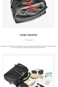 Internal view of black leather crossbody bag showing multiple pockets and large capacity