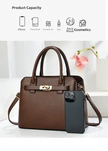 Detail showing the large interior capacity of this brown leather handbag for essentials
