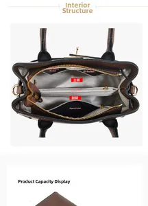 Detail view of the brown handbag interior featuring multiple functional compartments