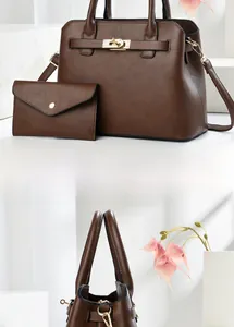 Detailed views of brown leather tote and matching pouch set with golden twist lock