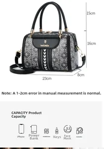 Detaillierte Größentabelle für schwarze Boston Tasche mit Maßen 23x16x8cm und Innenkapazität