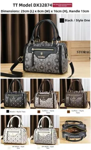 Detail view of Boston bag dimensions 23x8x16cm and various monogram color options