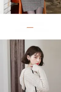 Detail of cable knit beige sweater and houndstooth skirt set for elegant styling