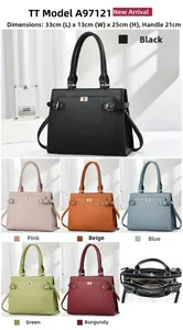 Detailed size specifications and multiple color options for the leather tote handbag