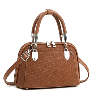 Brown woven texture shell handbag with top handles and detachable shoulder strap