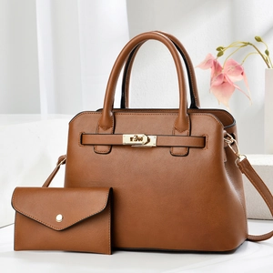 Women PU Leather Lychee Grain Handbag And Wallet Tote And Clutch With Metal Twist Lock Commuter Shoulder Crossbody Bag