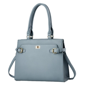 Minimalist textured leather tote bag in dusty blue with golden lock and adjustable strap
