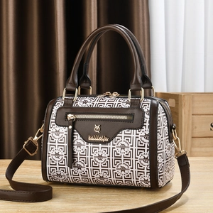 Coffee brown Boston pillow bag with letter print and adjustable shoulder strap