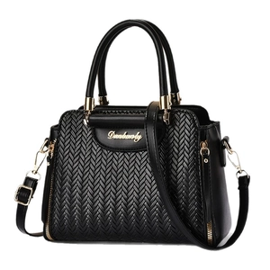 Minimalist large black tote bag with herringbone texture and gold hardware details