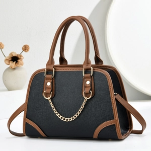 Women Handbag Lychee Pattern PU Leather Elegant Shell Shape Color Block With Gold Chain Detachable Strap Large Capacity