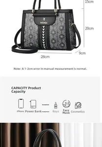 Detail view of black handbag with geometric pattern, dimensions 28x20x9cm and logo