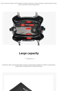 Detailed interior structure of a black lychee leather handbag showing multiple compartments