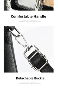 Detail of lychee pattern leather handbag with silver hardware and detachable strap