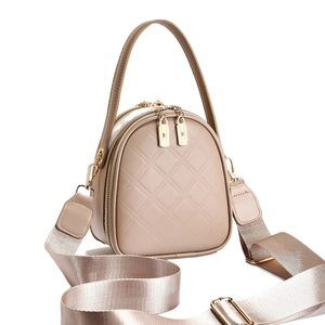 Borsa a tracolla trapuntata beige con cerniere dorate e tracolla larga in nylon