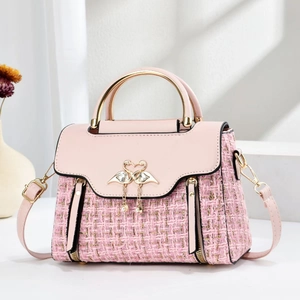 Damen Tweed Patchwork Umhängetasche Elegante Handtasche Mit Flamingo Künstliche Perle Metallgriff Kontrast Umhängetasche Quadratisch