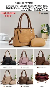 Detail view of two-piece handbag set showing main tote and small pouch in diverse colors